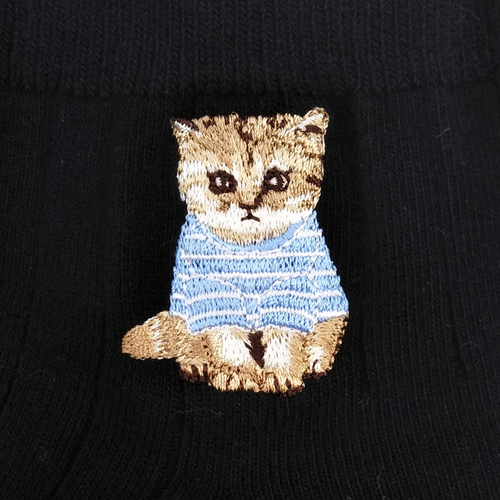 【メンズ】ワンポイントお座りヌネット刺繍ショートソックス（ブラック）