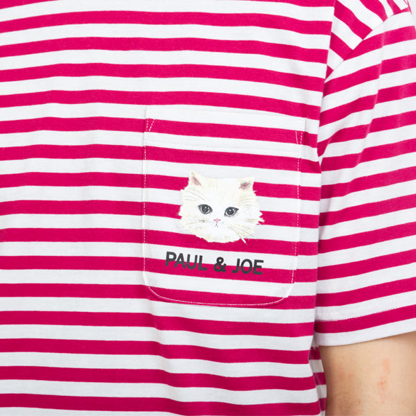 ボーダーTシャツ　胸ポケット猫刺繍  綿天竺 （ピンク）